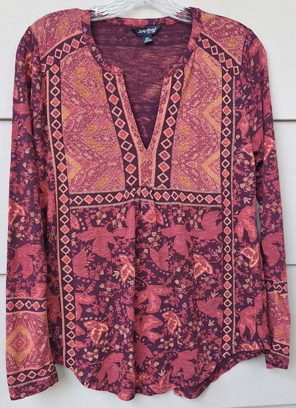 Lucky Brand Bohemian Burgundy Purple Casual Long Sleeves Tunic Top Size XS Boho